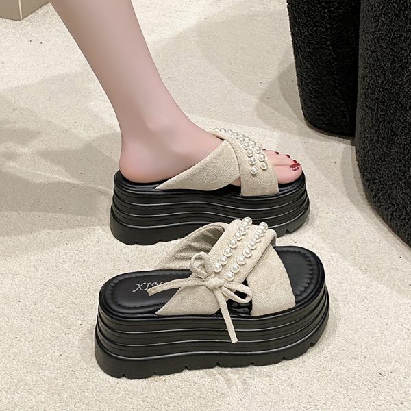 Fairy Style High-End Pearl Thick-Soled Slippers for Women - Summer Outdoor Wear, 9cm Height Increase, Chic One-Word Cool Sandals