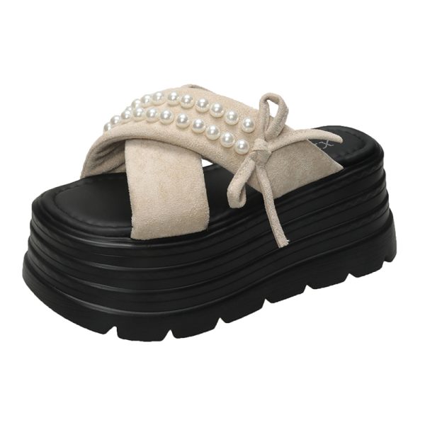 Fairy Style High-End Pearl Thick-Soled Slippers for Women - Summer Outdoor Wear, 9cm Height Increase, Chic One-Word Cool Sandals