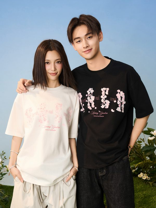 Falling Cherry Blossom Loose Round Neck Short Sleeve T-Shirt for Men and Women | National Trend, Korean Style, Unisex Fashion