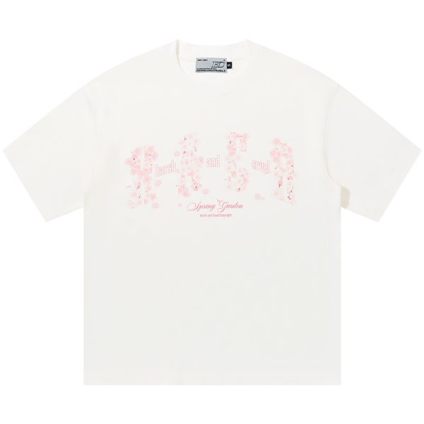 Falling Cherry Blossom Loose Round Neck Short Sleeve T-Shirt for Men and Women | National Trend, Korean Style, Unisex Fashion