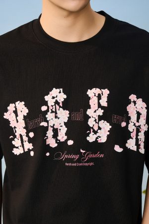 Falling Cherry Blossom Loose Round Neck Short Sleeve T-Shirt for Men and Women | National Trend, Korean Style, Unisex Fashion