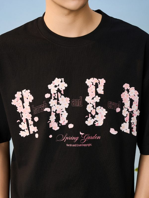 Falling Cherry Blossom Loose Round Neck Short Sleeve T-Shirt for Men and Women | National Trend, Korean Style, Unisex Fashion