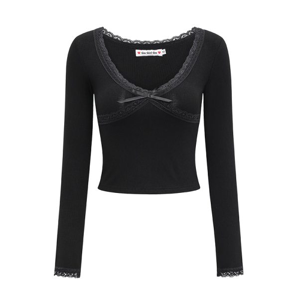 Fitted Black Lace Trim V-Neck Long Sleeve T-Shirt for Women - European & American Style, Slimming Short Top, Perfect for 90s & Y2K Fashion