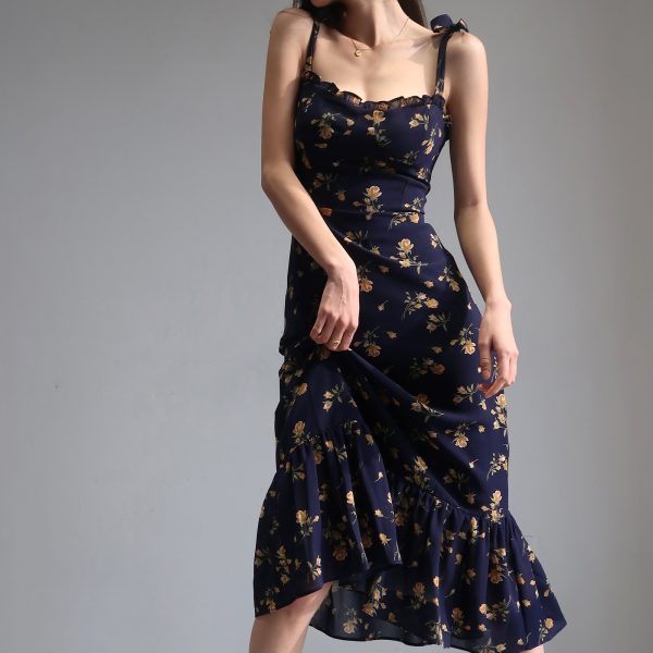 Fitted Floral A-Line Dress with Ruffled Shoulder Ties, Waist Cinching, and Spaghetti Straps - French Style, Knee-Length Fashion