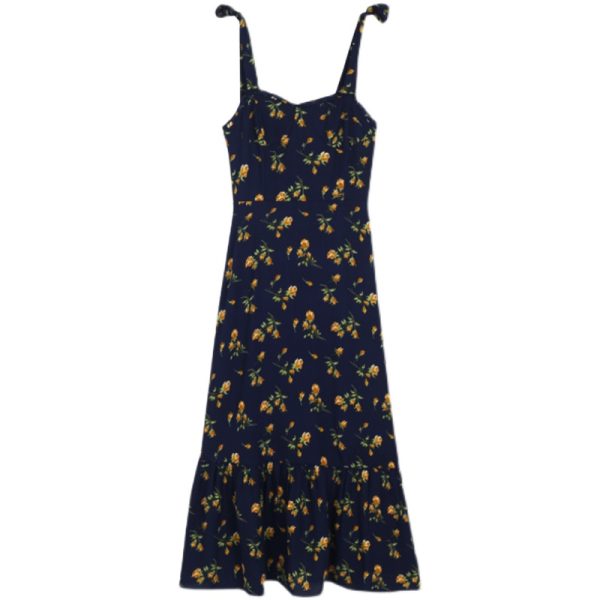 Fitted Floral A-Line Dress with Ruffled Shoulder Ties, Waist Cinching, and Spaghetti Straps - French Style, Knee-Length Fashion