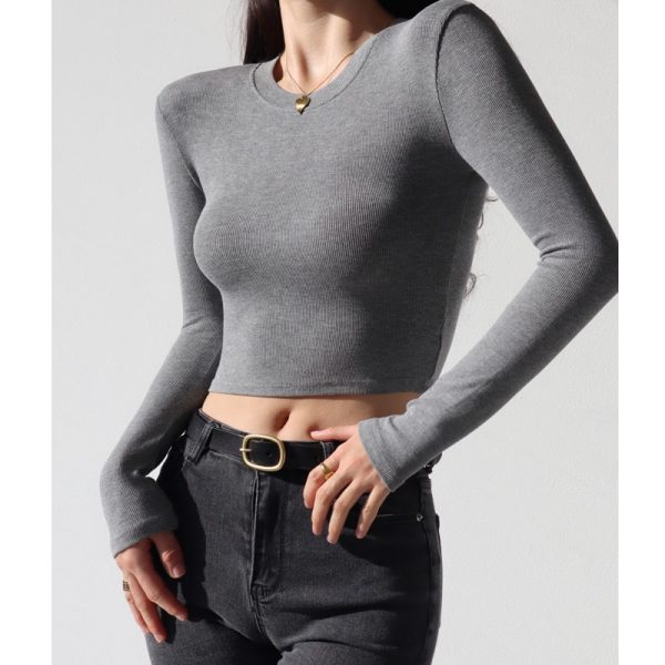 Fitted Vintage American-Style High-Waisted Slim-Fit Long Sleeve T-Shirt for Women - Retro Round Neck Stretchy Top