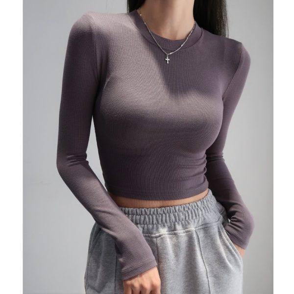 Fitted Vintage American-Style High-Waisted Slim-Fit Long Sleeve T-Shirt for Women - Retro Round Neck Stretchy Top