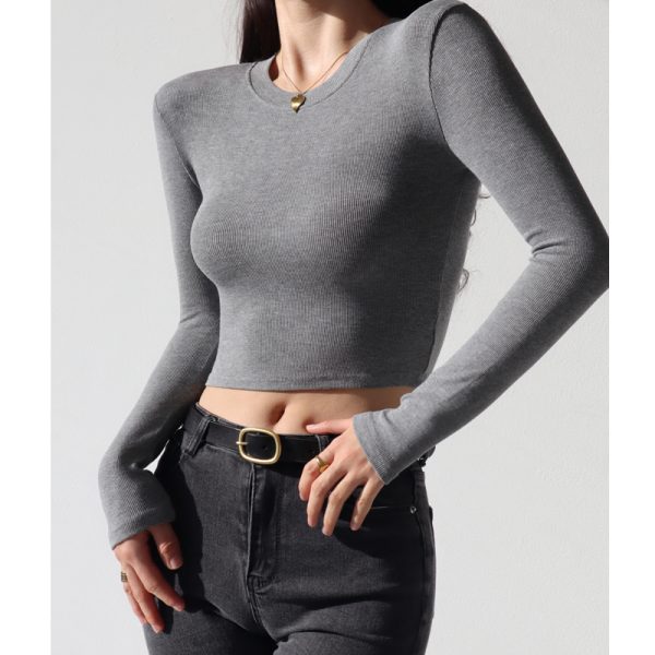 Fitted Vintage American-Style High-Waisted Slim-Fit Long Sleeve T-Shirt for Women - Retro Round Neck Stretchy Top