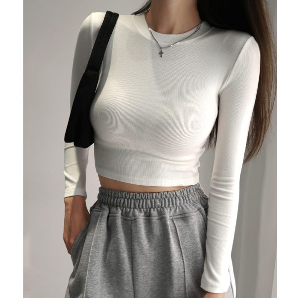 Fitted Vintage American-Style High-Waisted Slim-Fit Long Sleeve T-Shirt for Women - Retro Round Neck Stretchy Top