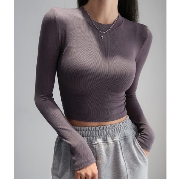 Fitted Vintage American-Style High-Waisted Slim-Fit Long Sleeve T-Shirt for Women - Retro Round Neck Stretchy Top