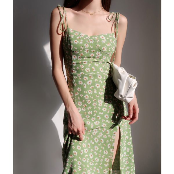 Fitted Vintage Green Side-Slit Dress with Small Daisies - French Style Sleeveless Mid-Calf Vacation Dress