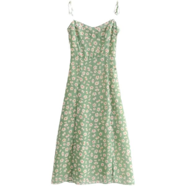 Fitted Vintage Green Side-Slit Dress with Small Daisies - French Style Sleeveless Mid-Calf Vacation Dress