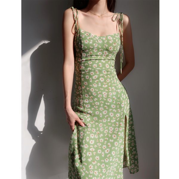 Fitted Vintage Green Side-Slit Dress with Small Daisies - French Style Sleeveless Mid-Calf Vacation Dress