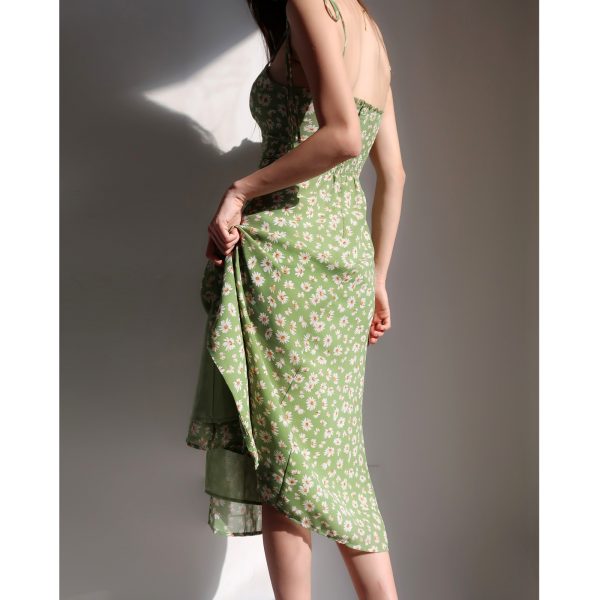 Fitted Vintage Green Side-Slit Dress with Small Daisies - French Style Sleeveless Mid-Calf Vacation Dress