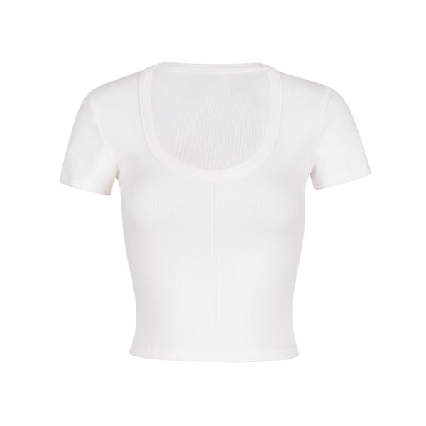 Fitted White T-Shirt for Women, Elastic Black Short Sleeves, Big Chest Accent, Stylish Casual Top, Y2K Fashion
