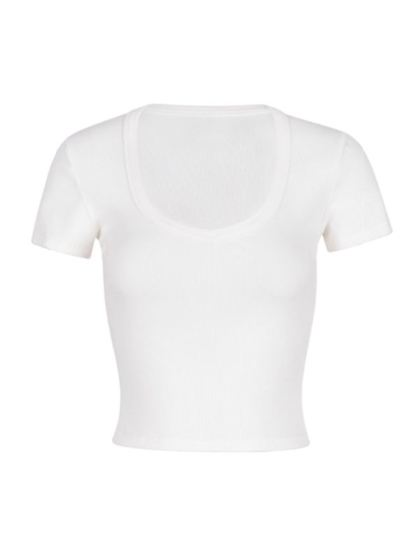 Fitted White T-Shirt for Women, Elastic Black Short Sleeves, Big Chest Accent, Stylish Casual Top, Y2K Fashion