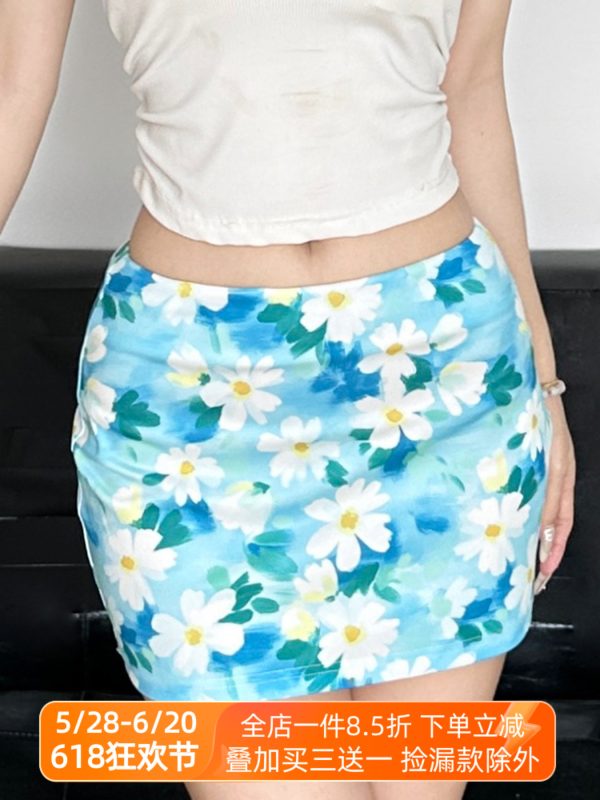 Floral Bodycon Midi Skirt in Blue - Small Daisy Print, Oil Paint Design, Women's Spring Fashion, Fresh & Vibrant Style