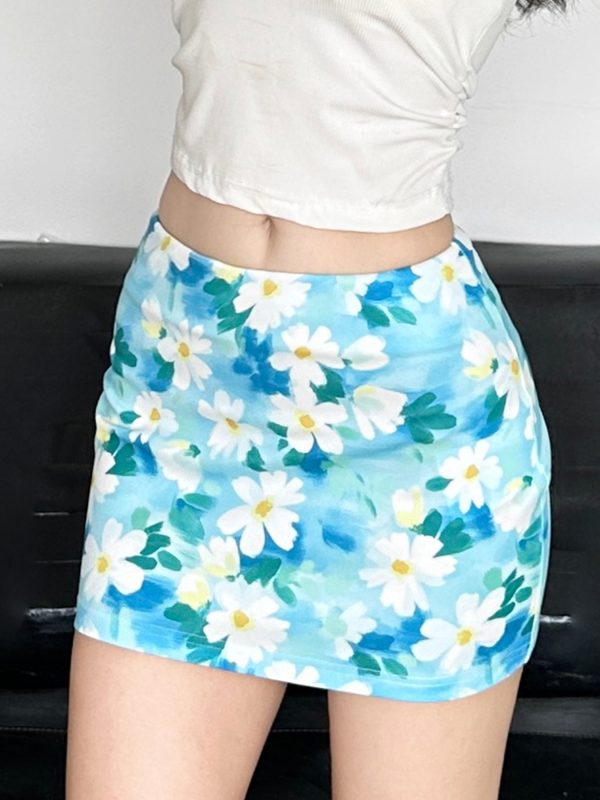 Floral Bodycon Midi Skirt in Blue - Small Daisy Print, Oil Paint Design, Women's Spring Fashion, Fresh & Vibrant Style