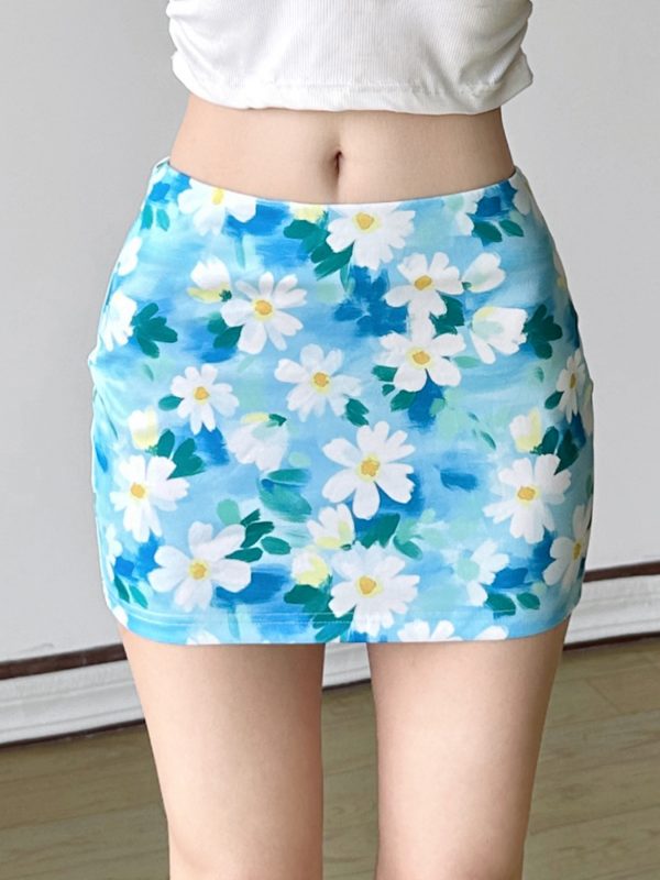 Floral Bodycon Midi Skirt in Blue - Small Daisy Print, Oil Paint Design, Women's Spring Fashion, Fresh & Vibrant Style