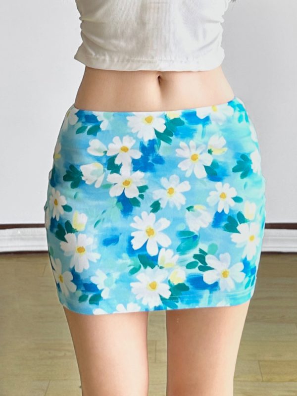 Floral Bodycon Midi Skirt in Blue - Small Daisy Print, Oil Paint Design, Women's Spring Fashion, Fresh & Vibrant Style