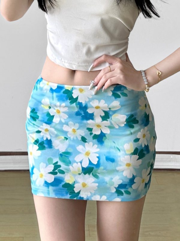 Floral Bodycon Midi Skirt in Blue - Small Daisy Print, Oil Paint Design, Women's Spring Fashion, Fresh & Vibrant Style