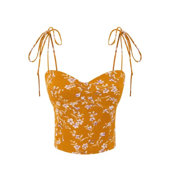 Floral Bow Tie Crop Cami Top for Women - Handmade Vintage Style, French Design, Spring/Summer 2025 Vacation Essential