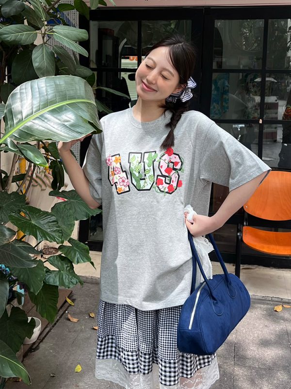 Floral Cactus Morning Glory Embroidered Short Sleeve Loose Unisex T-Shirt - Spring Summer 90s Vintage Style