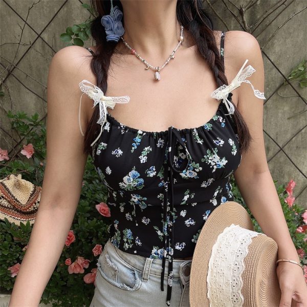 Floral Camisole Top - Handmade Vintage Square Neck Drawstring Strap - Spring/Summer Vacation Style - 90s French Chic