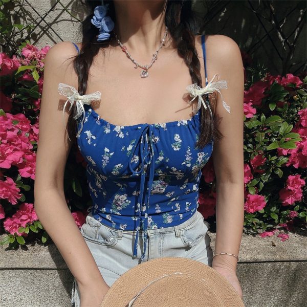 Floral Camisole Top - Handmade Vintage Square Neck Drawstring Strap - Spring/Summer Vacation Style - 90s French Chic