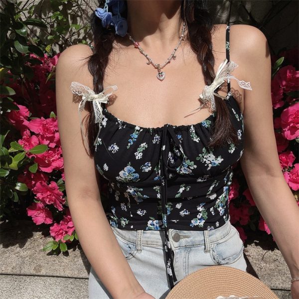 Floral Camisole Top - Handmade Vintage Square Neck Drawstring Strap - Spring/Summer Vacation Style - 90s French Chic