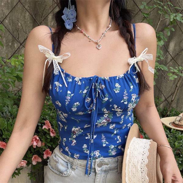Floral Camisole Top - Handmade Vintage Square Neck Drawstring Strap - Spring/Summer Vacation Style - 90s French Chic