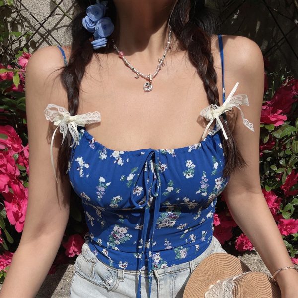 Floral Camisole Top - Handmade Vintage Square Neck Drawstring Strap - Spring/Summer Vacation Style - 90s French Chic