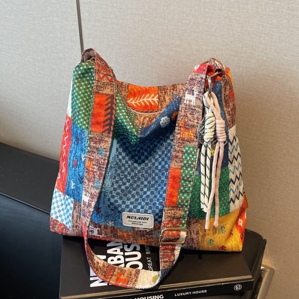 Floral Canvas Crossbody Bag for Women - Large Capacity Ethnic Style Shoulder Tote for Summer 2025, Perfect for Students and Commuting