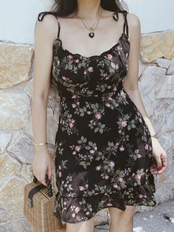 Floral Chiffon Camisole Mini Dress - Vintage French Style Slimming Summer Dress for Vacation, Y2K Aesthetic