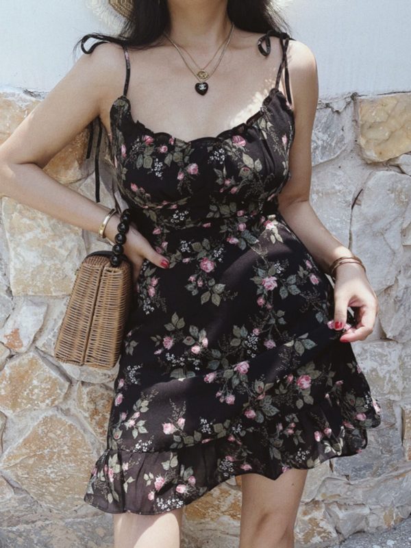 Floral Chiffon Camisole Mini Dress - Vintage French Style Slimming Summer Dress for Vacation, Y2K Aesthetic