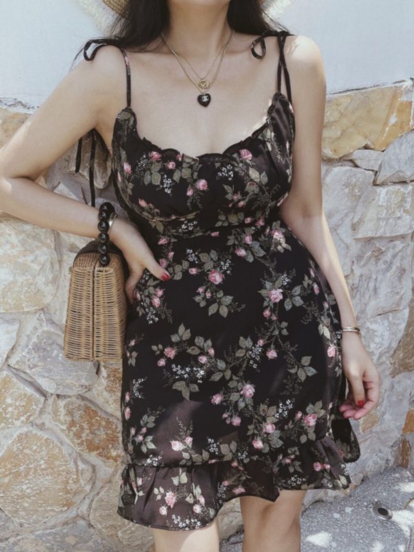 Floral Chiffon Camisole Mini Dress - Vintage French Style Slimming Summer Dress for Vacation, Y2K Aesthetic