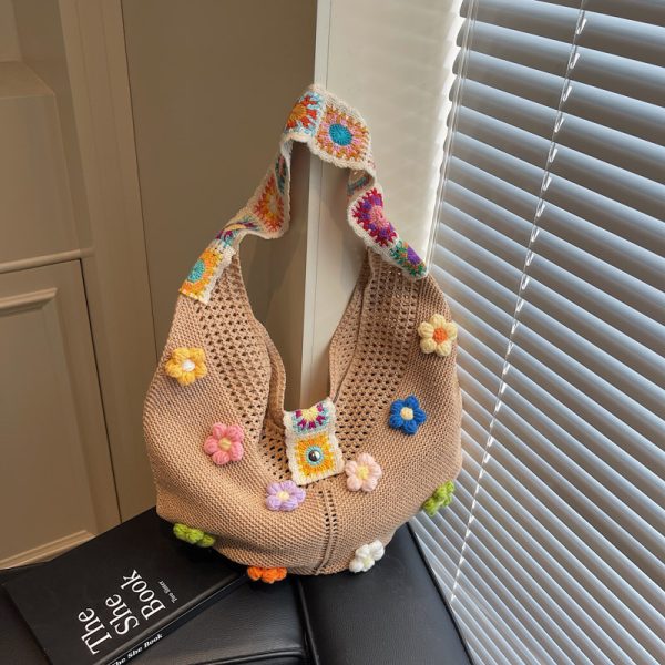 Floral Cotton Woven Tote Bag for Women - Large Capacity Shoulder Bag, Summer 2025 Lazy Style Vacation Accessory