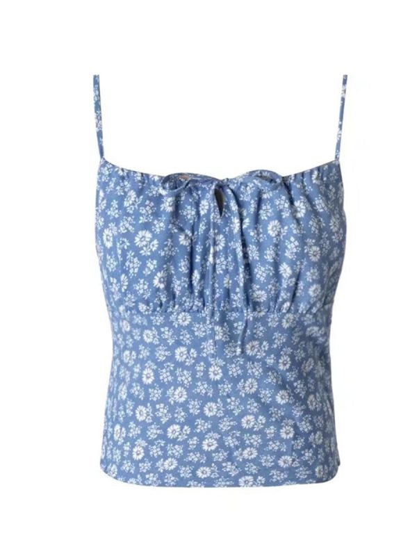 Floral Drawstring Waist Cami Top for Women - Fresh Blue, French Square Neck, Slimming Design for Spring Summer Vacation