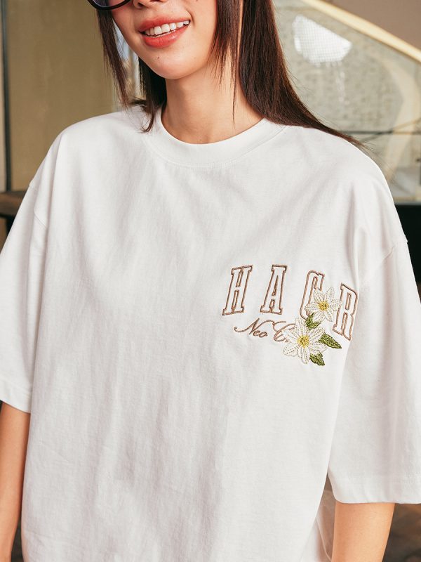 Floral Embroidery Patch Couple Loose Short Sleeve T-Shirt - 2025 Summer Style, Y2K Inspired Fashion for Trendy Looks