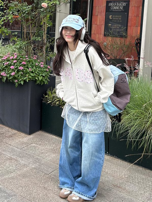 Floral Embroidery Zipper Hoodie Jacket for Couples - Loose Fit Autumn and Winter National Trend Outerwear