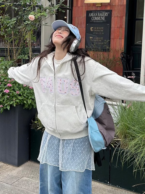 Floral Embroidery Zipper Hoodie Jacket for Couples - Loose Fit Autumn and Winter National Trend Outerwear