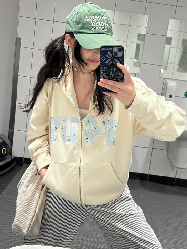 Floral Embroidery Zipper Hoodie Jacket for Couples - Loose Fit Autumn and Winter National Trend Outerwear