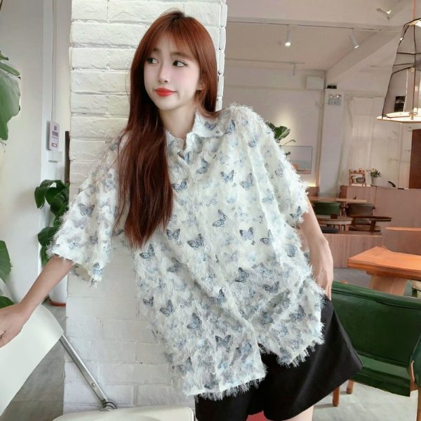 Floral Hawaiian Beach Shirt for Women, Printed Short-Sleeve Top with 3D Tassels, Loose Fit Trendy Summer Style