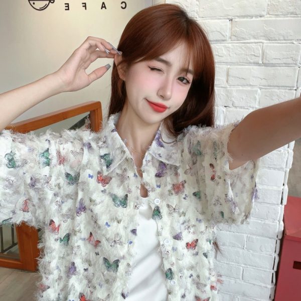 Floral Hawaiian Beach Shirt for Women, Printed Short-Sleeve Top with 3D Tassels, Loose Fit Trendy Summer Style