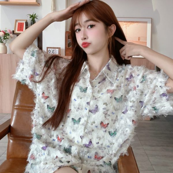 Floral Hawaiian Beach Shirt for Women, Printed Short-Sleeve Top with 3D Tassels, Loose Fit Trendy Summer Style