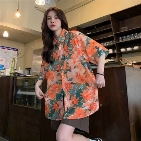 Floral Hawaiian Short Sleeve Shirt for Women - Retro Loose Top in Hong Kong Style - Trendy Fairy Girl Aesthetic