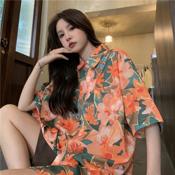 Floral Hawaiian Short Sleeve Shirt for Women - Retro Loose Top in Hong Kong Style - Trendy Fairy Girl Aesthetic