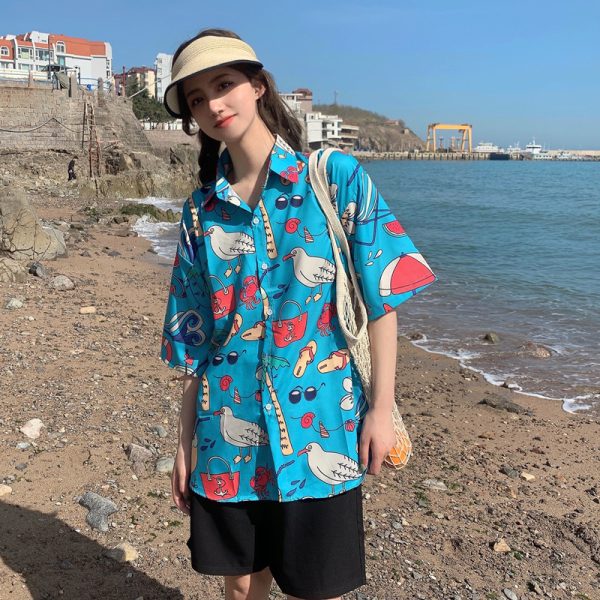 Floral Hawaiian Short Sleeve Shirt for Women, Loose Hong Kong Style Top, Unique Beachwear, Trendy Summer Fashion