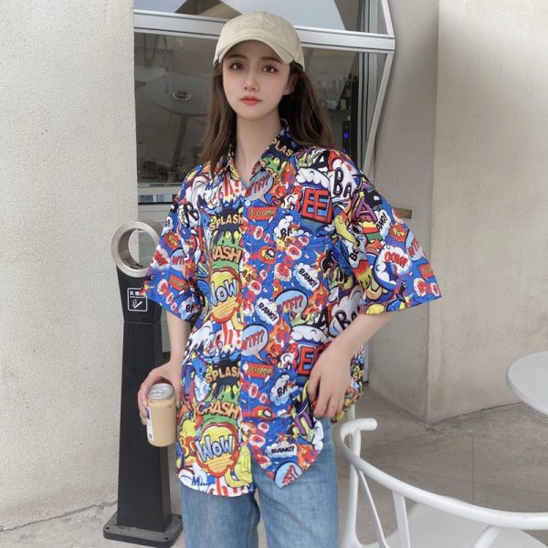 Floral Hawaiian Short Sleeve Shirt for Women, Loose Hong Kong Style Top, Unique Beachwear, Trendy Summer Fashion