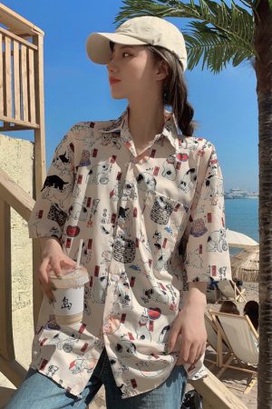 Floral Hawaiian Short Sleeve Shirt for Women, Loose Hong Kong Style Top, Unique Beachwear, Trendy Summer Fashion